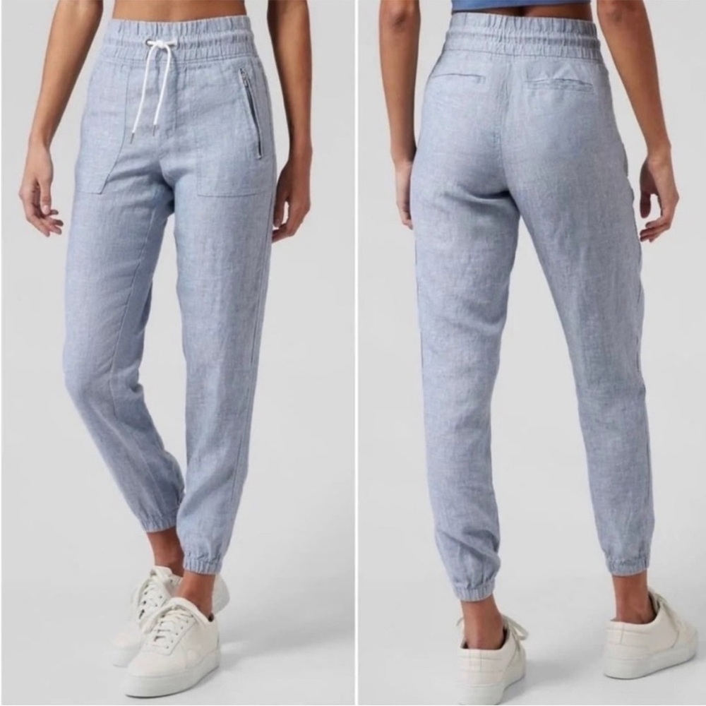 ATHLETA Linen Cabo Joggers Pants Size 6 Chambray Pockets Beach Athleisure